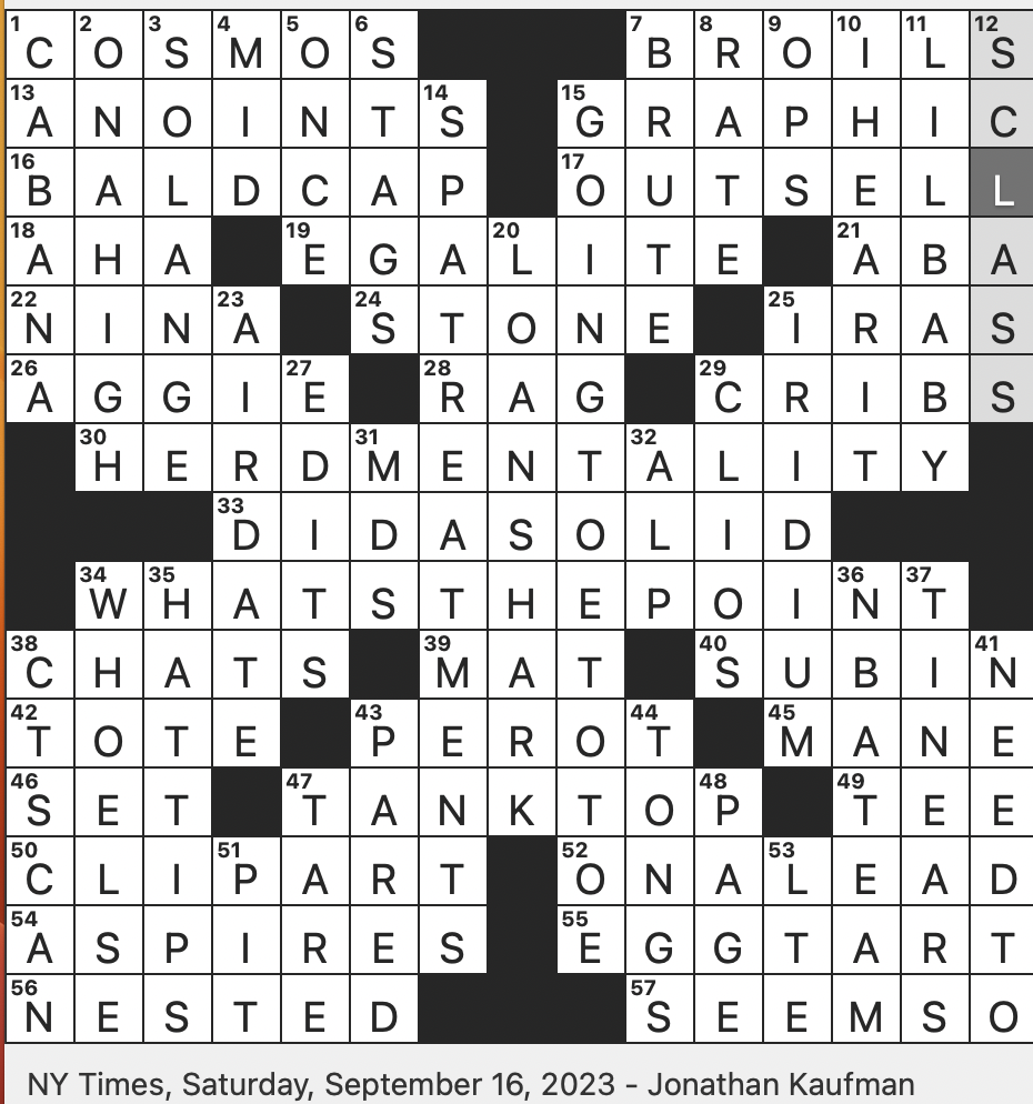 Rex Parker Does The NYT Crossword Puzzle Tittle tattles SAT 9 16 23 Trade Org Of Interest To Publishers And Authors Dim Sum Dessert Component Of A Mr Clean Costume Say 