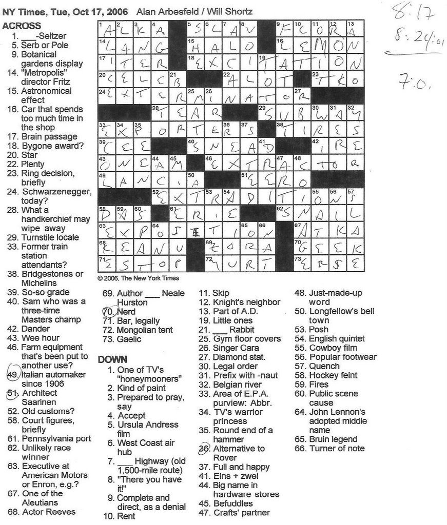 Rex Parker Does The NYT Crossword Puzzle TUESDAY Oct 17 2006 Alan Arbesfeld
