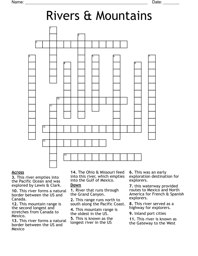 Rivers Mountains Crossword WordMint Rivers Mountains Crossword WordMint