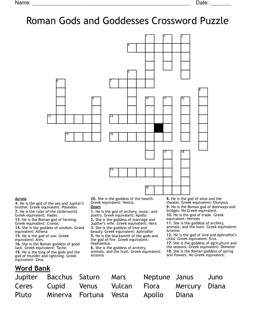 Roman Gods And Goddesses Crossword Puzzle WordMint
