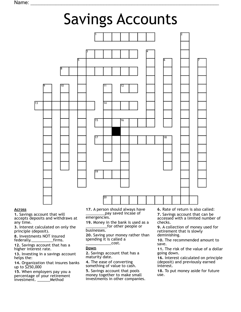 Savings Accounts Crossword WordMint