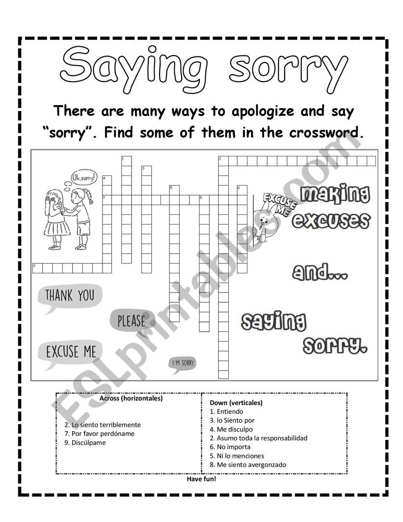 Saying Sorry Crossword ESL Worksheet By Ambarmaria