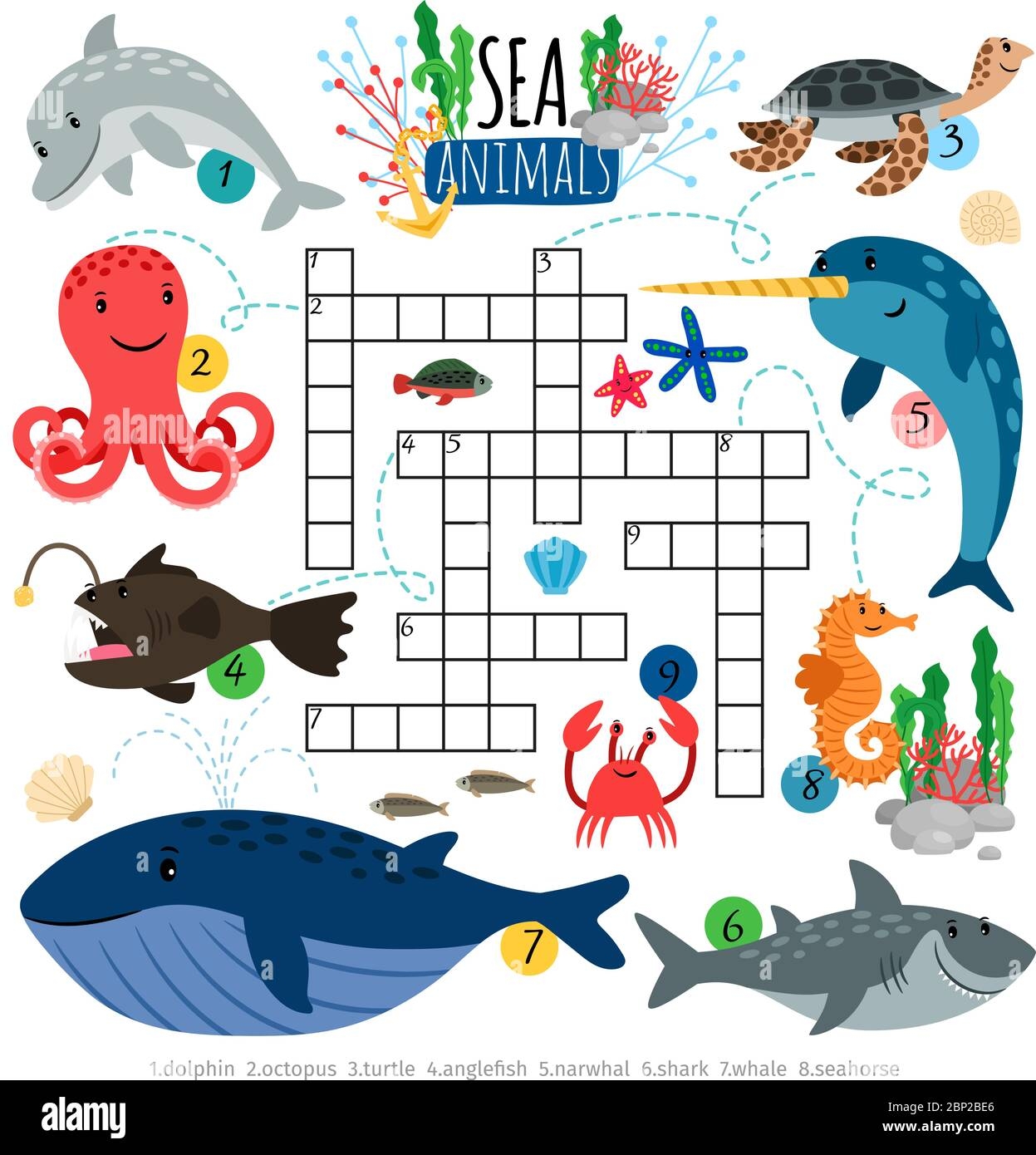 Sea Animals Crossword Kids Crossword Puzzle Game Underwater Marine Animals Octopus Turtle And Whale Vector Illustration Ocean Fauna Children Stock Vector Image Art Alamy