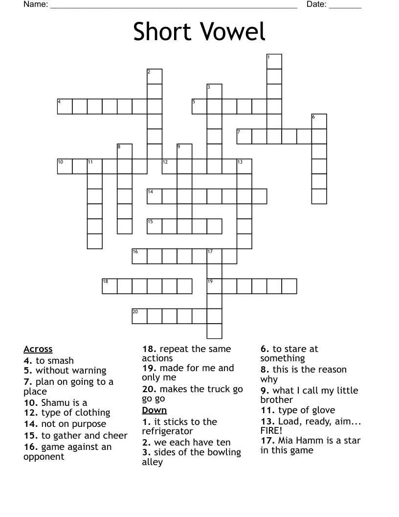 Short Vowel Crossword WordMint