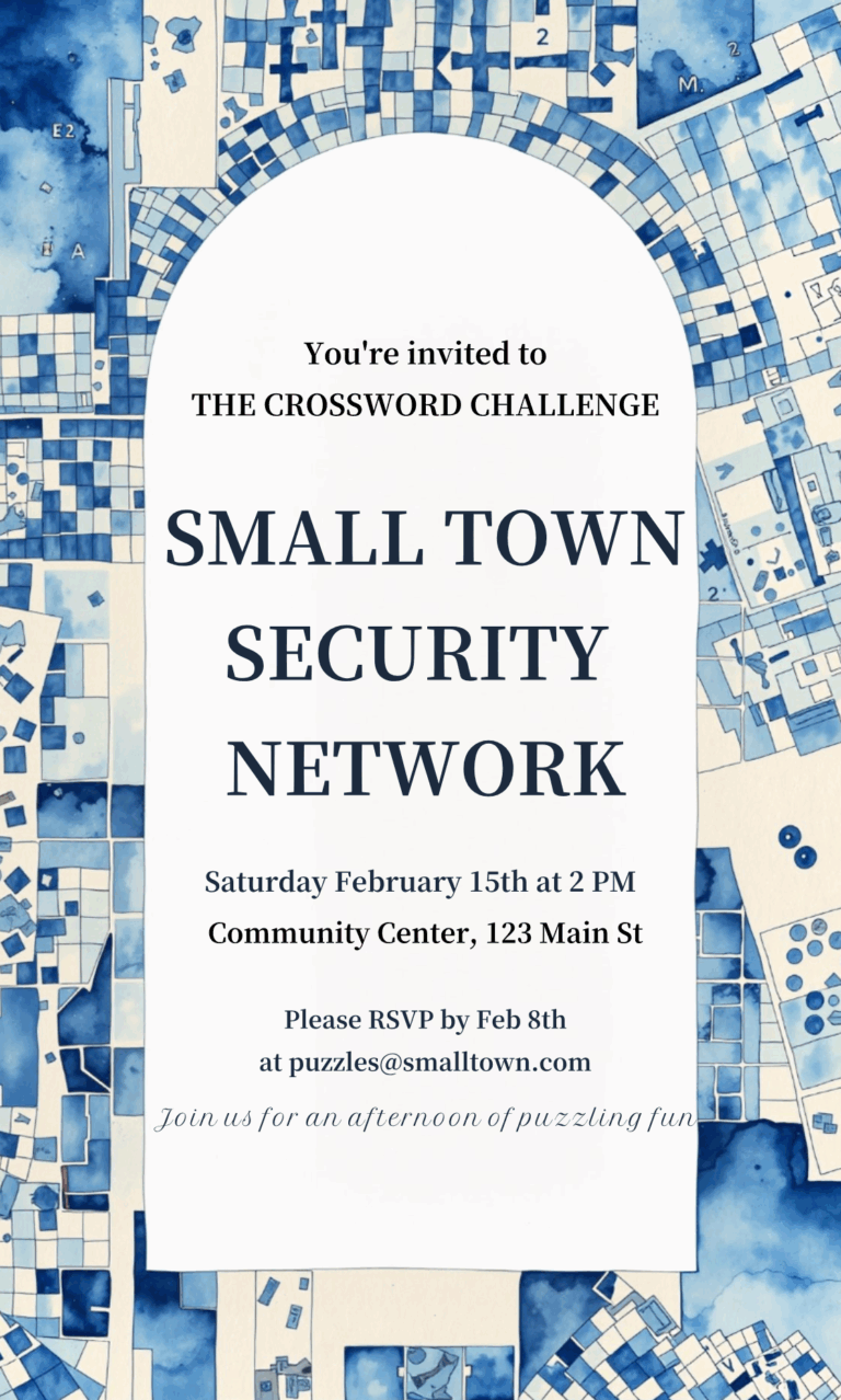 Small Town Security Network Crossword Challenge Invitation Template AI Designs By MolyPix AI