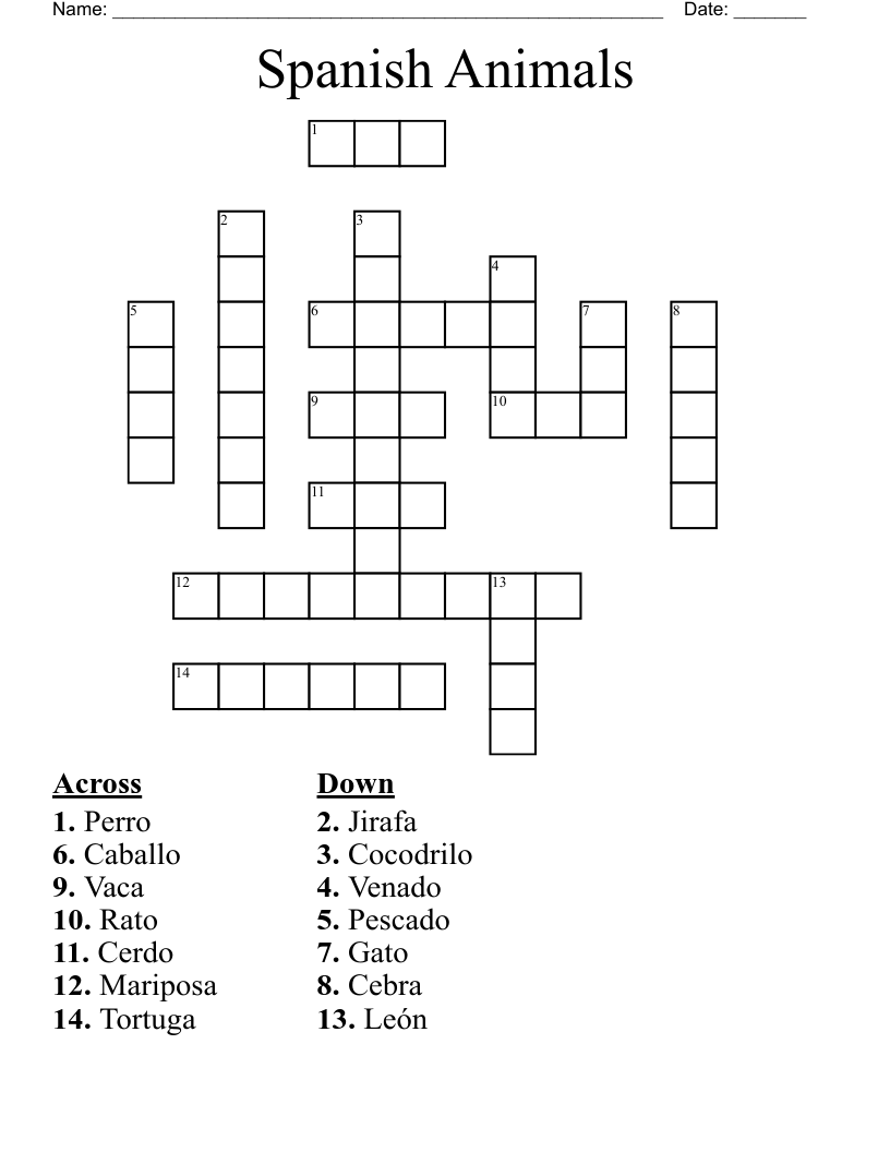 Spanish Animals Crossword WordMint