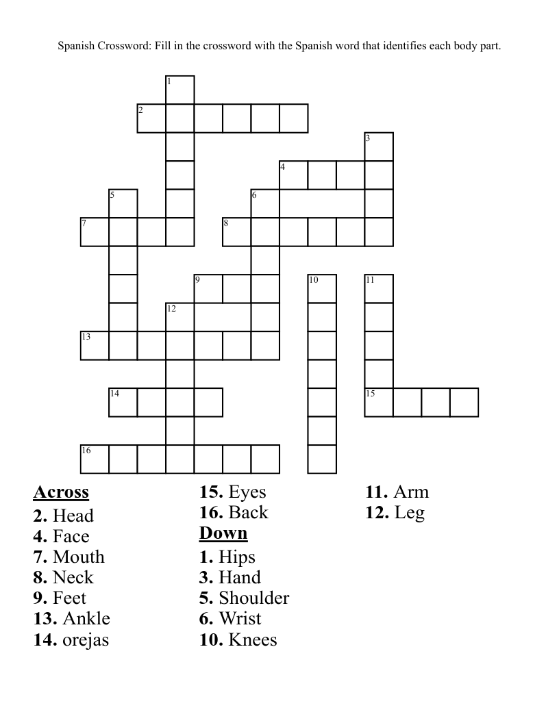 Spanish Crossword Fill In The Crossword With The Spanish Word That Identifies Each Body Part WordMint