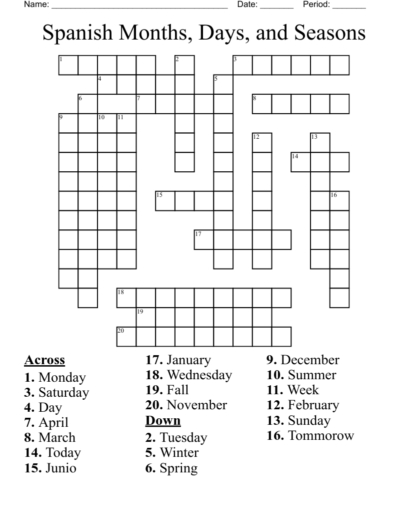 Spanish Months Days And Seasons Crossword WordMint