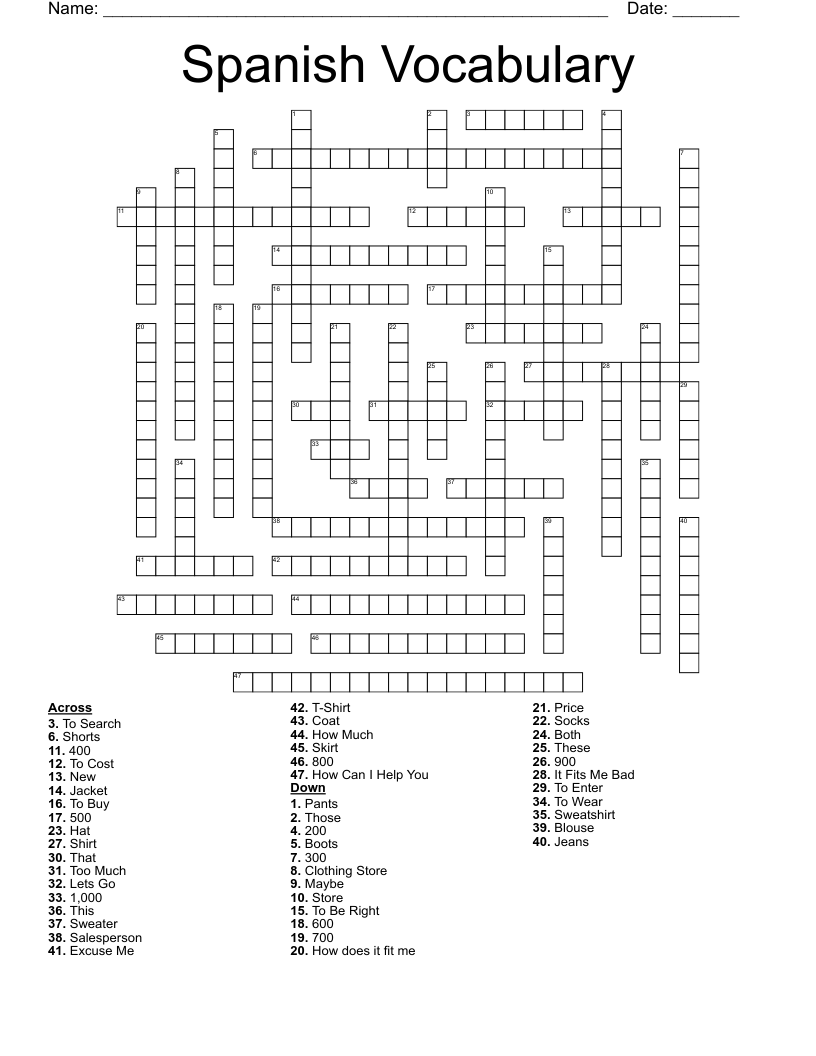 Spanish Vocabulary Crossword WordMint