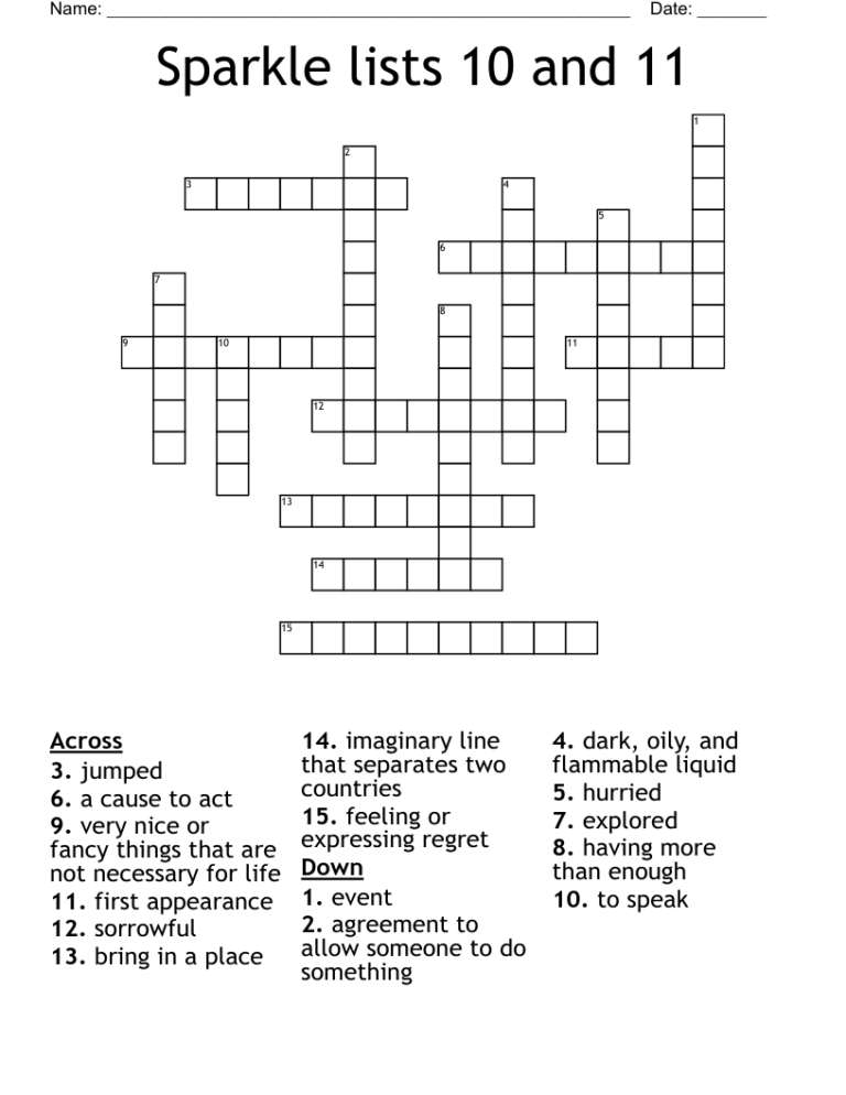 Sparkle Lists 10 And 11 Crossword WordMint