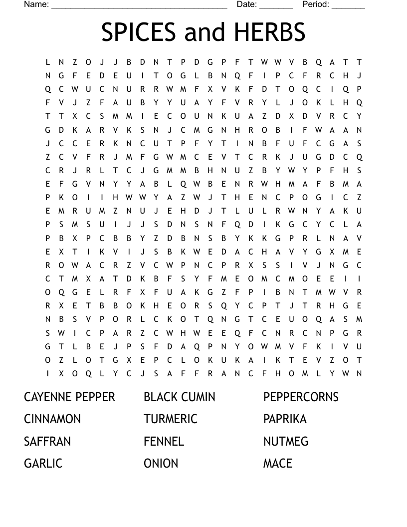 SPICES And HERBS Word Search WordMint