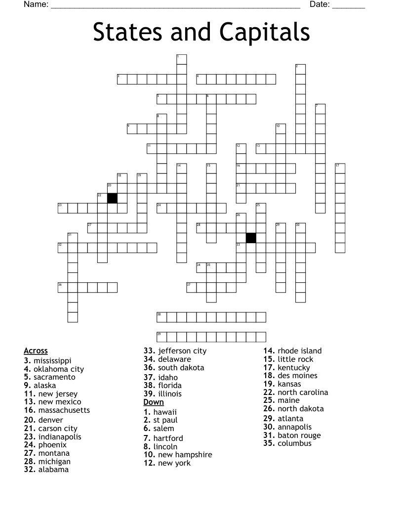 States And Capitals Crossword WordMint