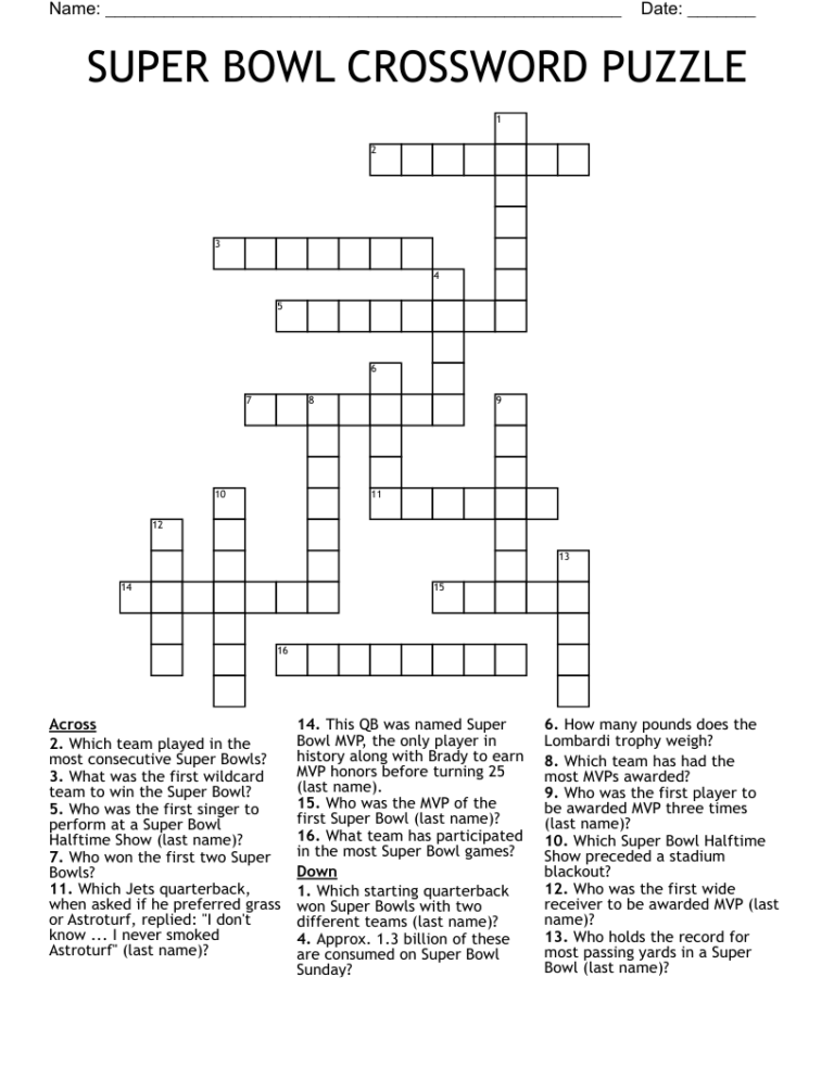 SUPER BOWL CROSSWORD PUZZLE WordMint