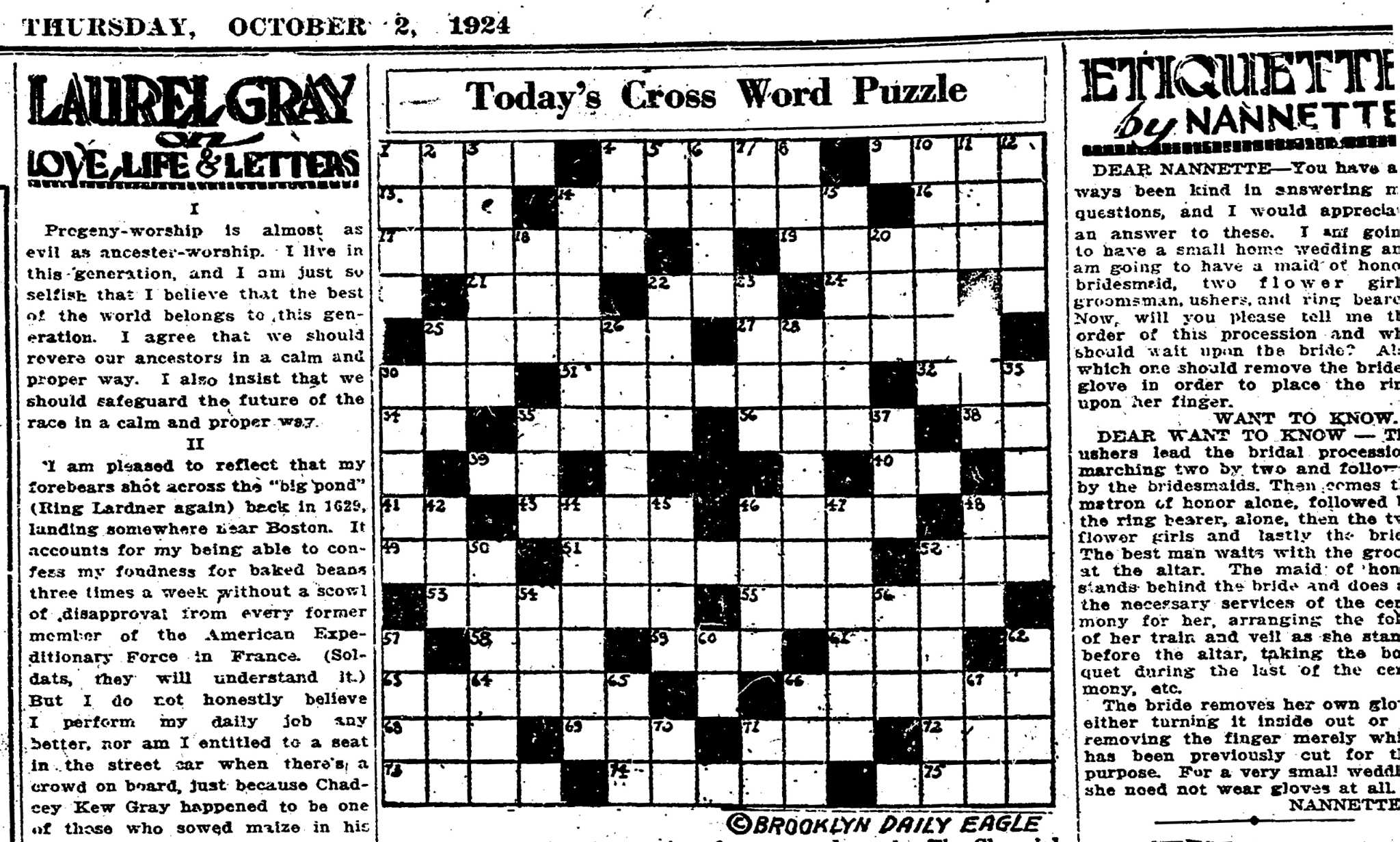 The Chronicle s First Crossword Puzzle From 1924 Ages Poorly