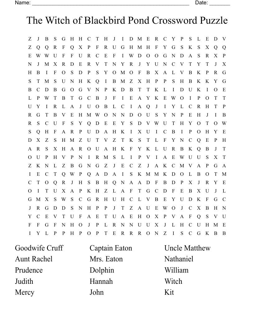The Witch Of Blackbird Pond Word Search WordMint