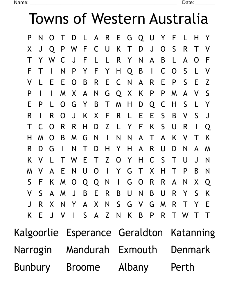 Towns Of Western Australia Word Search WordMint