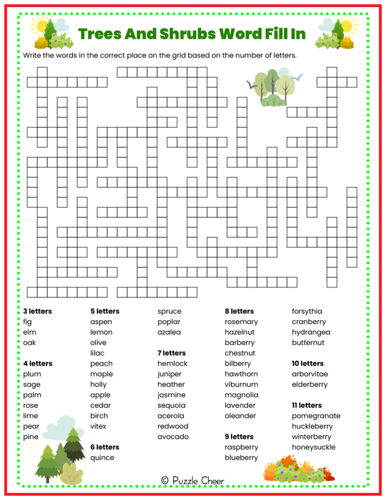 Trees And Shrubs Word Fill In Puzzle Puzzle Cheer