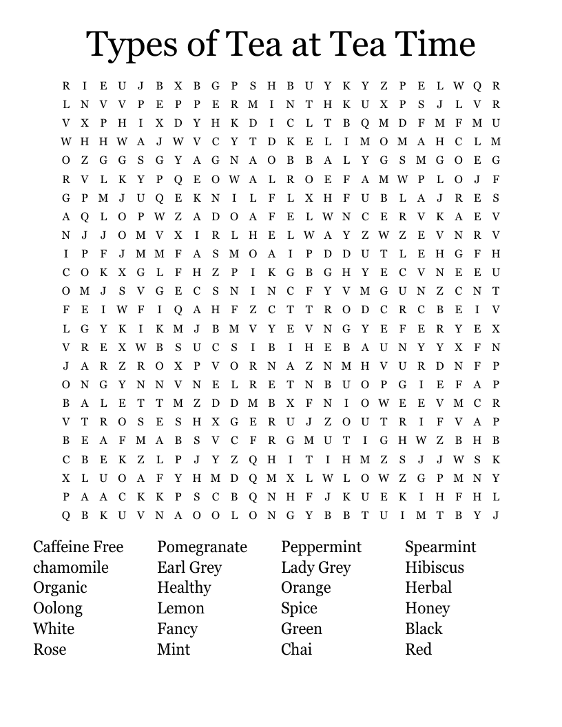 Types Of Tea At Tea Time Word Search WordMint