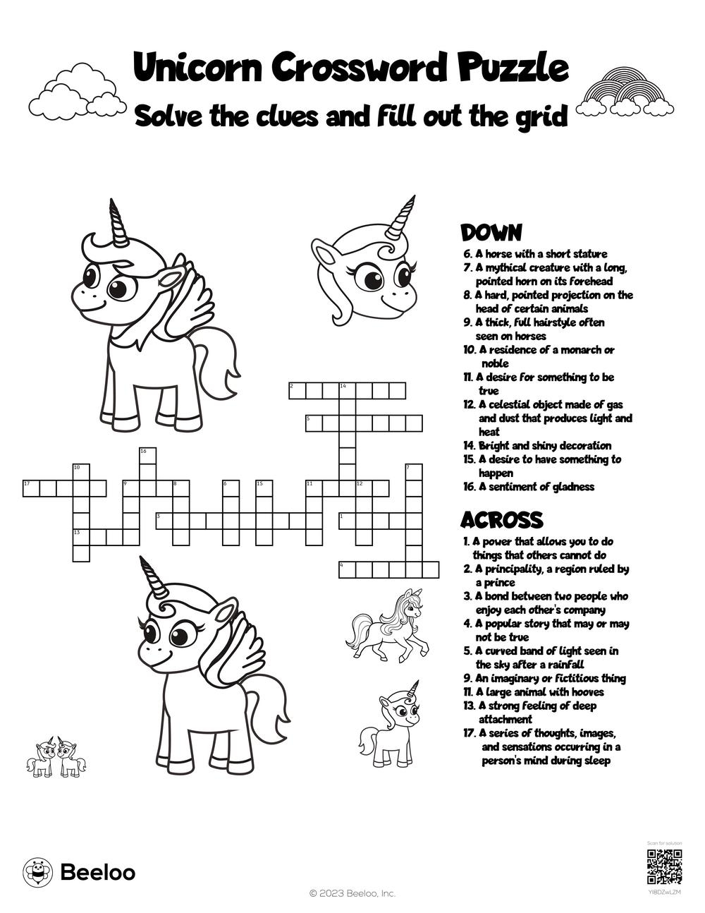 Unicorn Crossword Puzzle Beeloo Printable Crafts And Activities For Kids