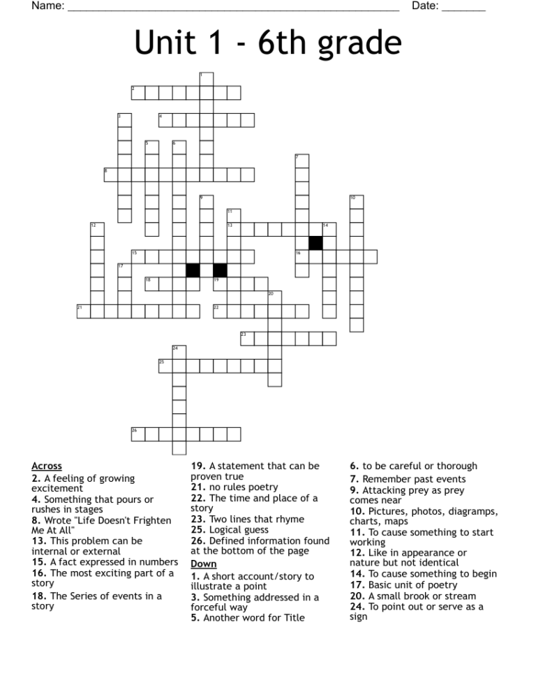 Unit 1 6th Grade Crossword WordMint