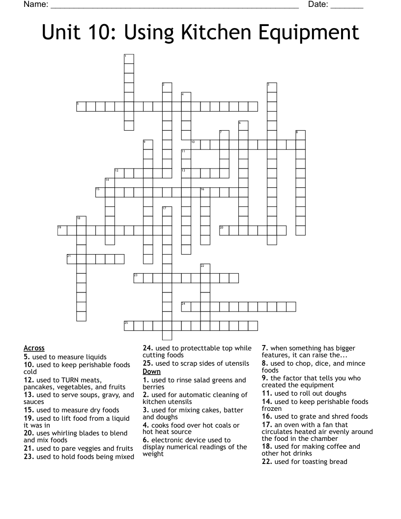 Unit 10 Using Kitchen Equipment Crossword WordMint