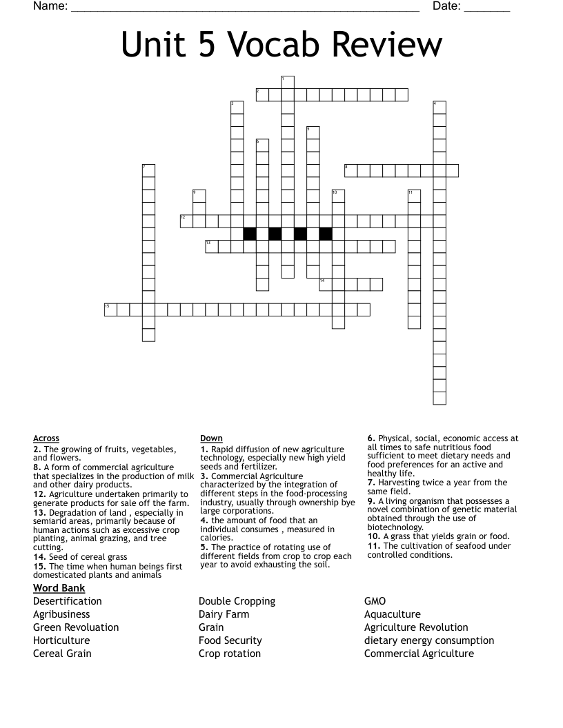 Unit 5 Vocab Review Crossword WordMint