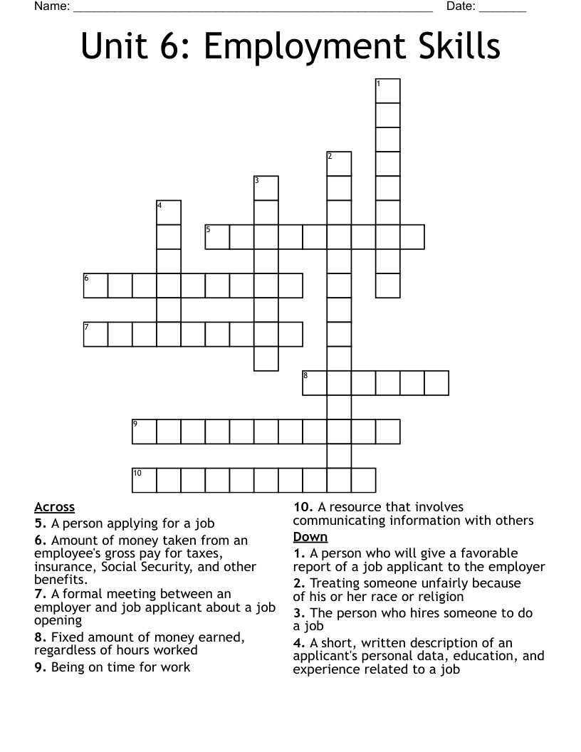 Unit 6 Employment Skills Crossword WordMint