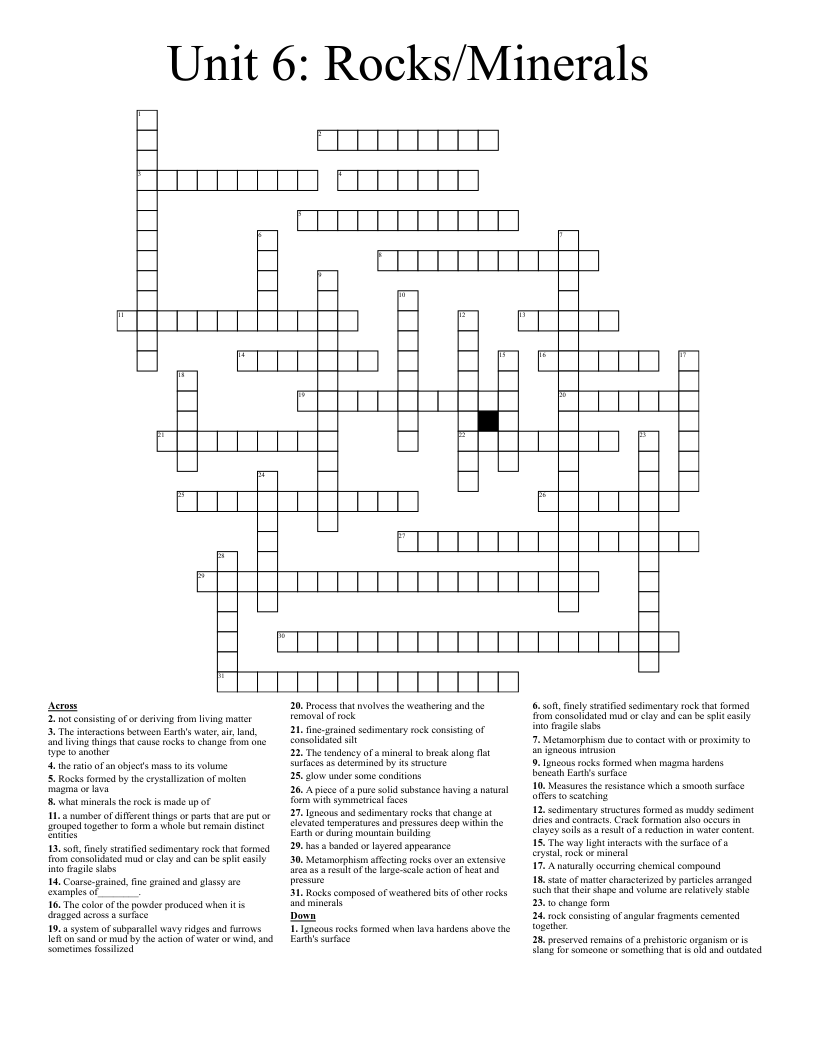 Unit 6 Rocks Minerals Crossword WordMint