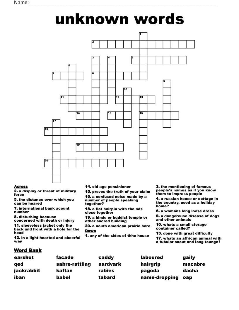 Unknown Words Crossword WordMint