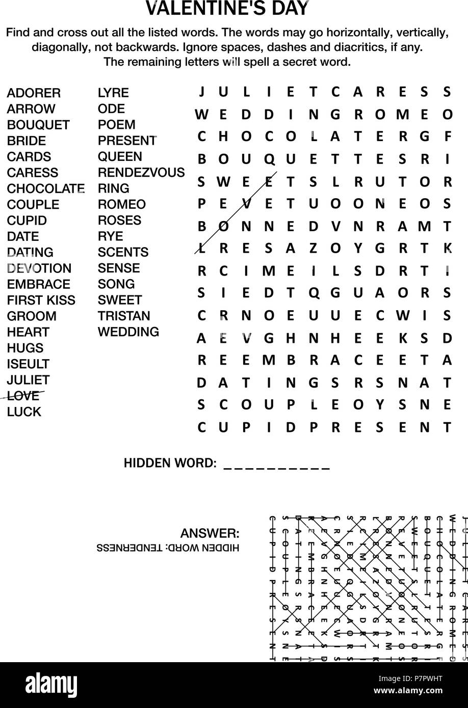 Valentine s Day Love Wedding Romantic Etc Themed Word Search Puzzle English Language Black And White Answer Included Stock Vector Image Art Alamy