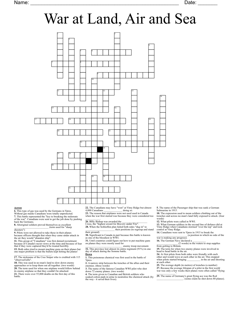 War At Land Air And Sea Crossword WordMint