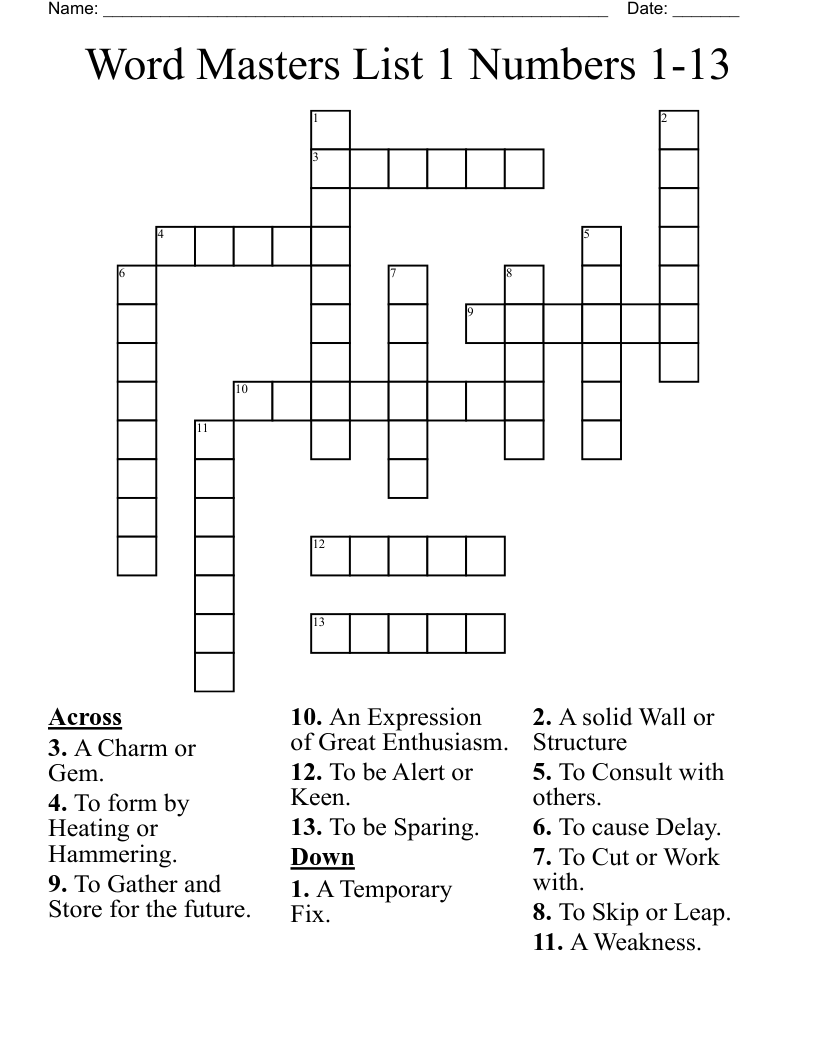 Word Masters List 1 Numbers 1 13 Crossword WordMint