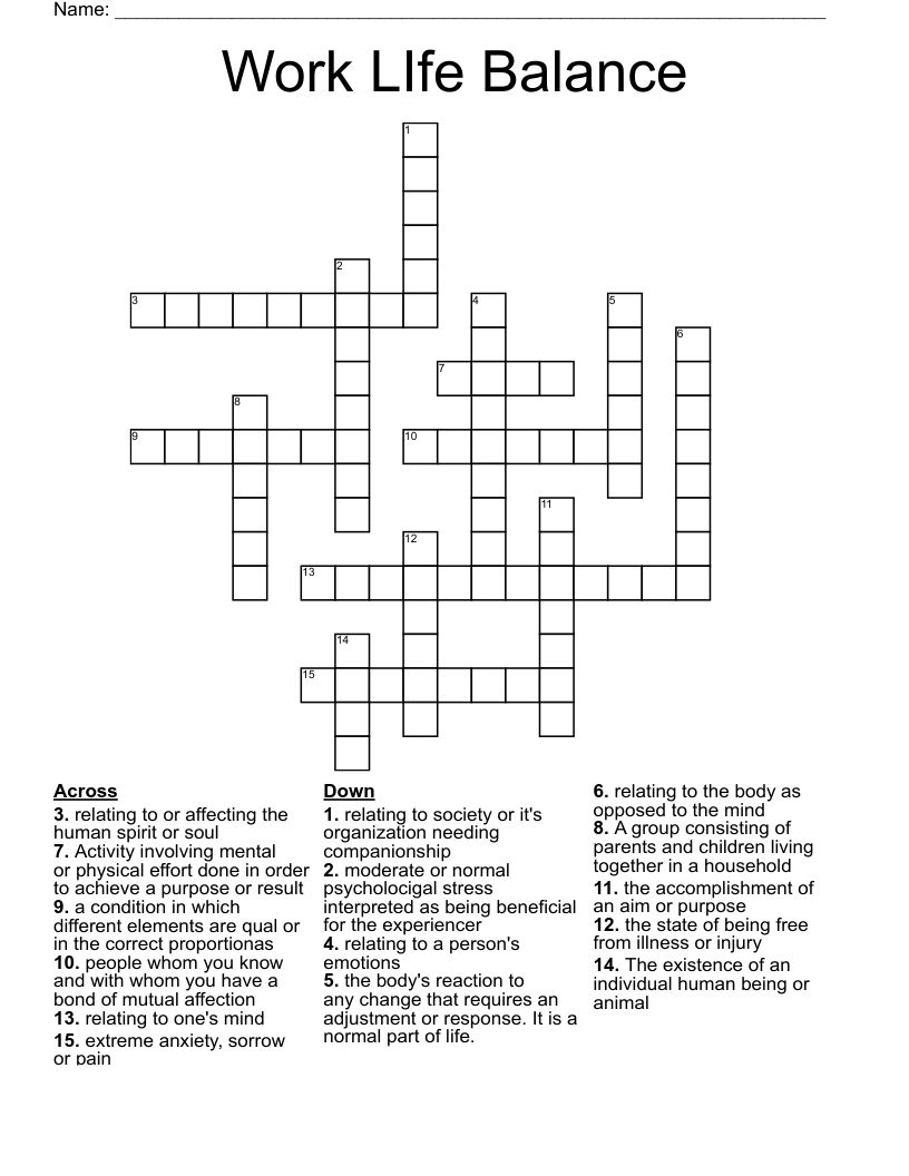 Work LIfe Balance Crossword WordMint