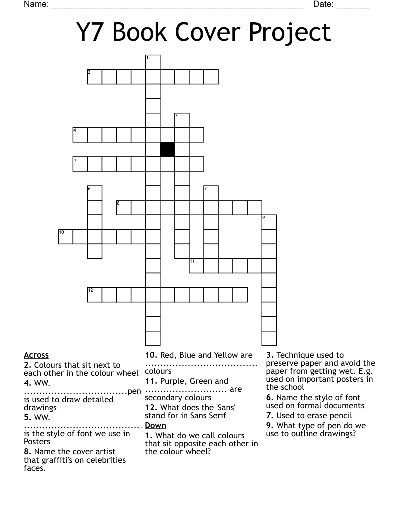 Y7 Book Cover Project Crossword WordMint