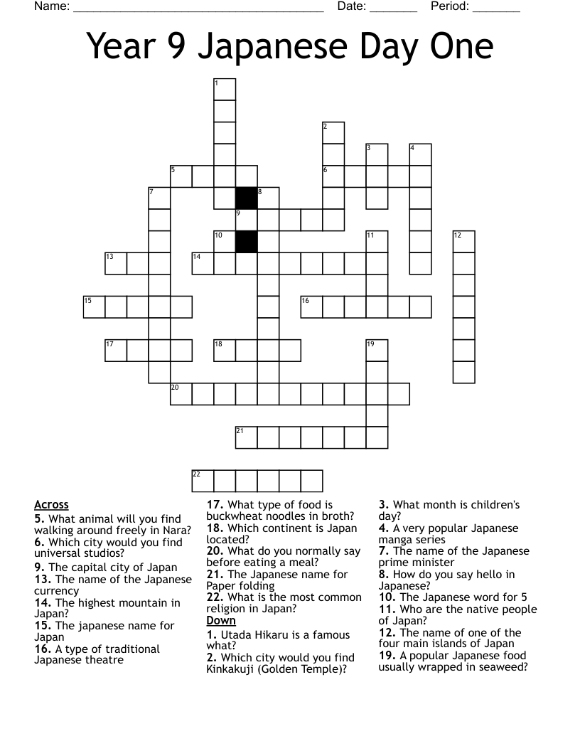 Year 9 Japanese Day One Crossword WordMint