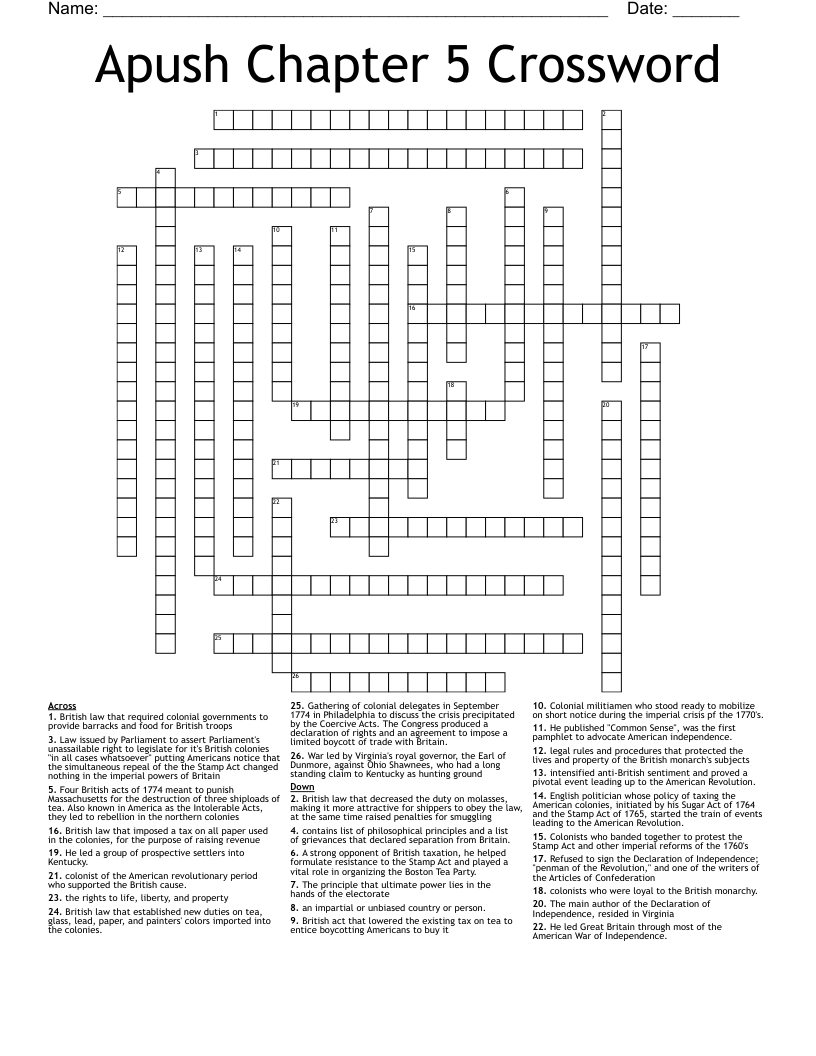 Apush Chapter 5 Crossword WordMint