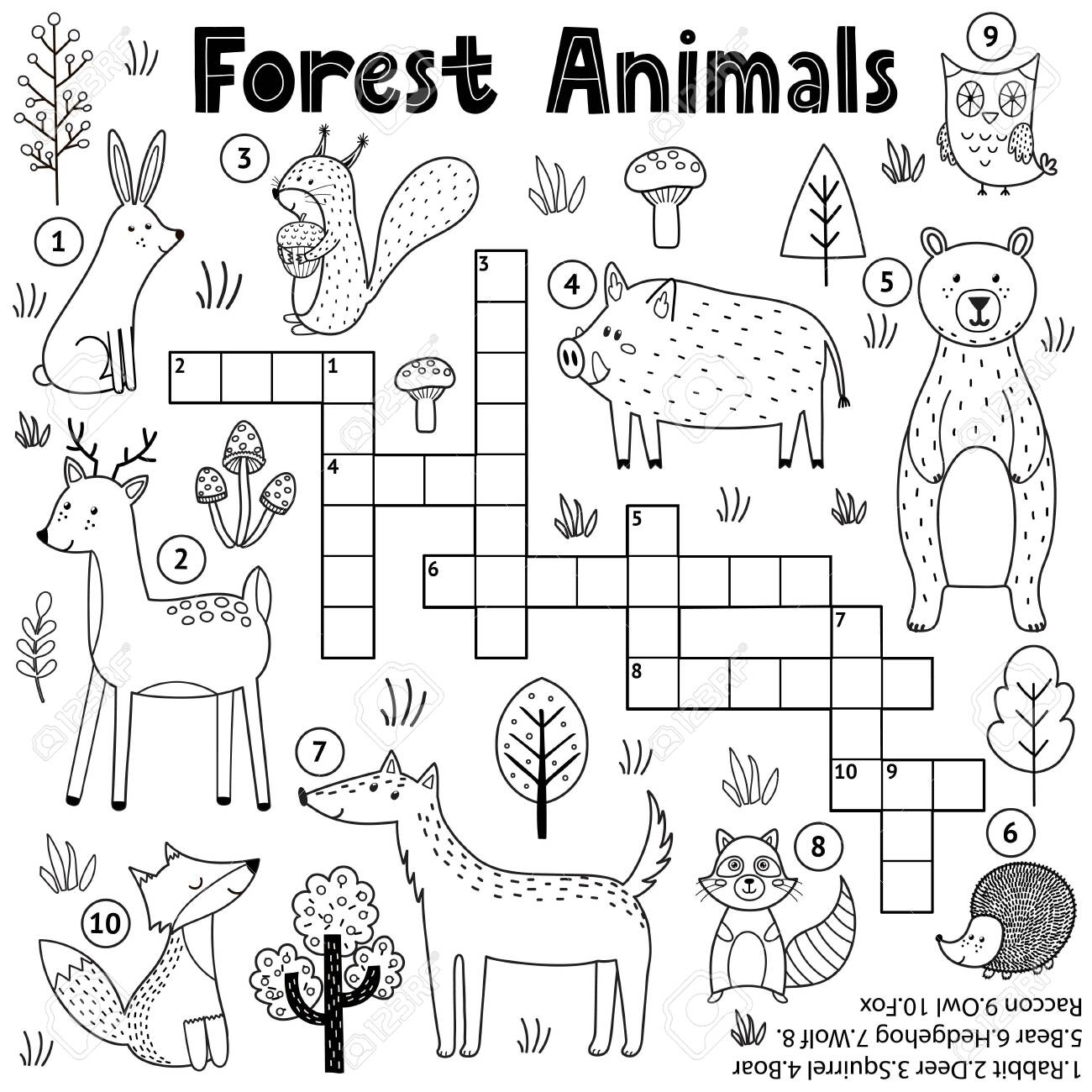 Black And White Crossword For Kids With Forest Animals Woodland Coloring Page Royalty Free SVG Cliparts Vectors And Stock Illustration Image 138341875 