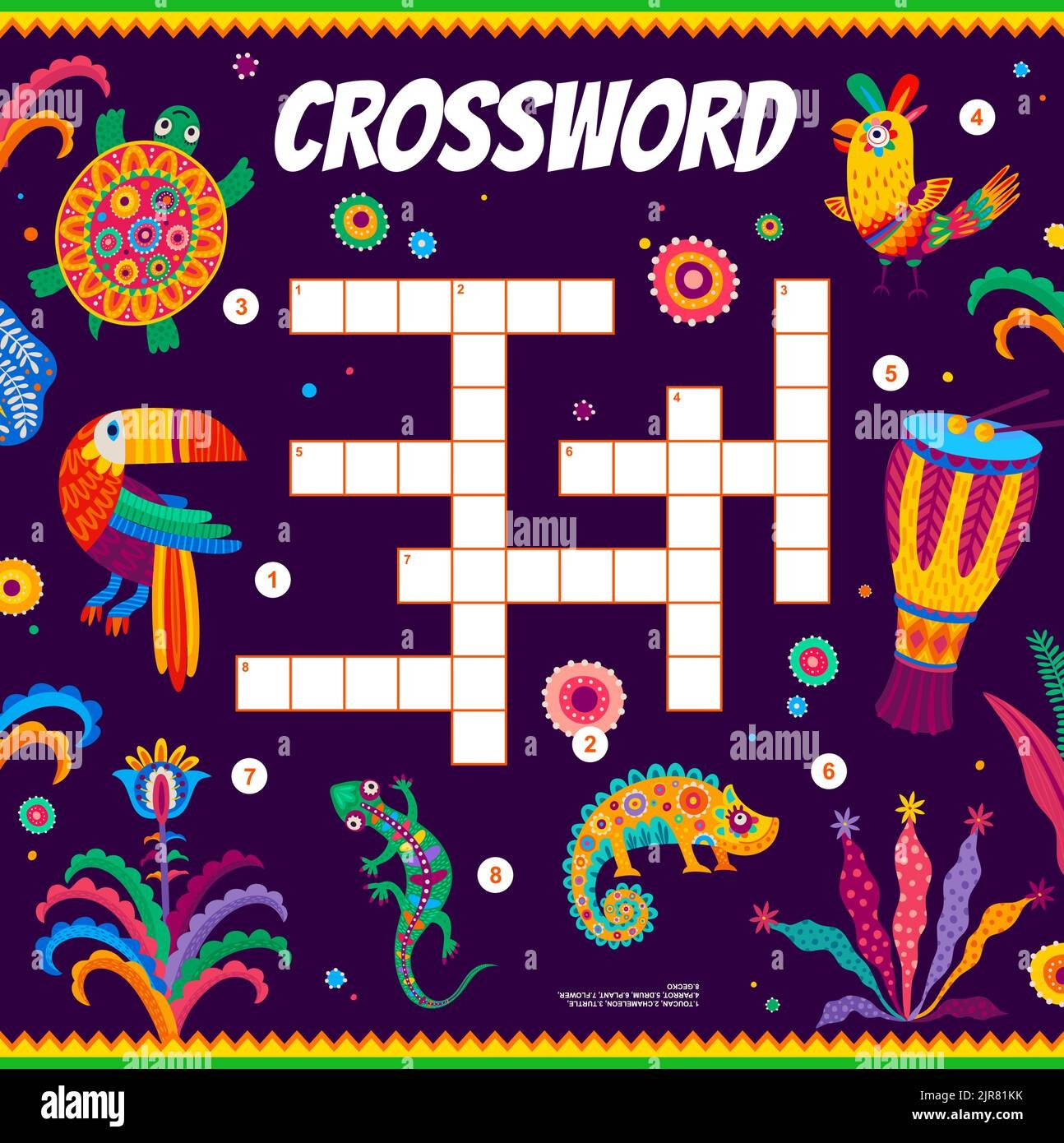 Crossword Quiz Game Grid Of Mexican And Brazilian Animals Flowers Drums Vector Worksheet With Word Puzzle
