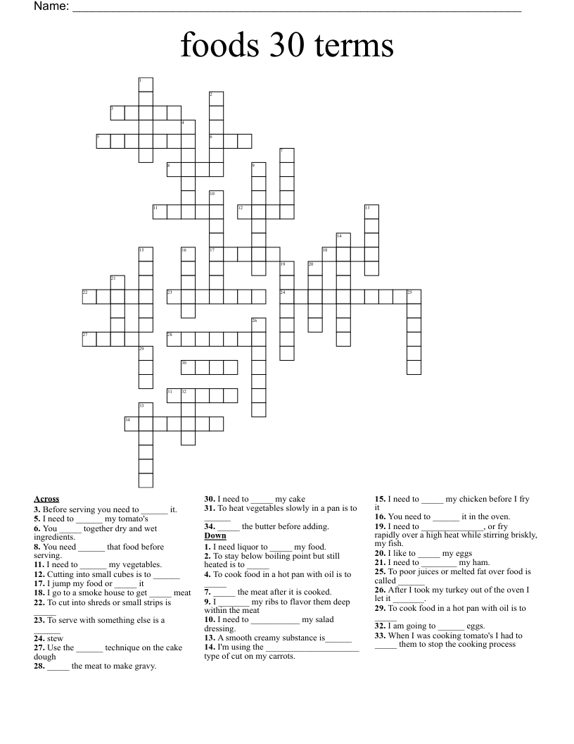 Foods 30 Terms Crossword WordMint Foods 30 Terms Crossword WordMint