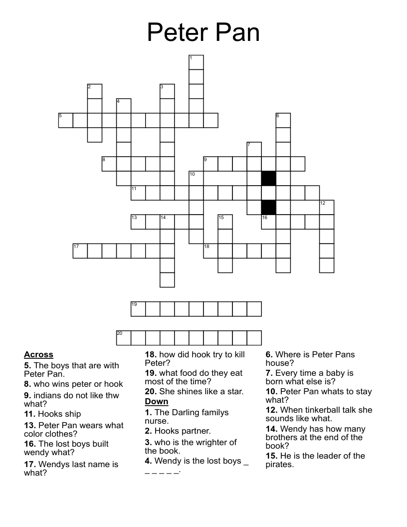 Peter Pan Crossword WordMint
