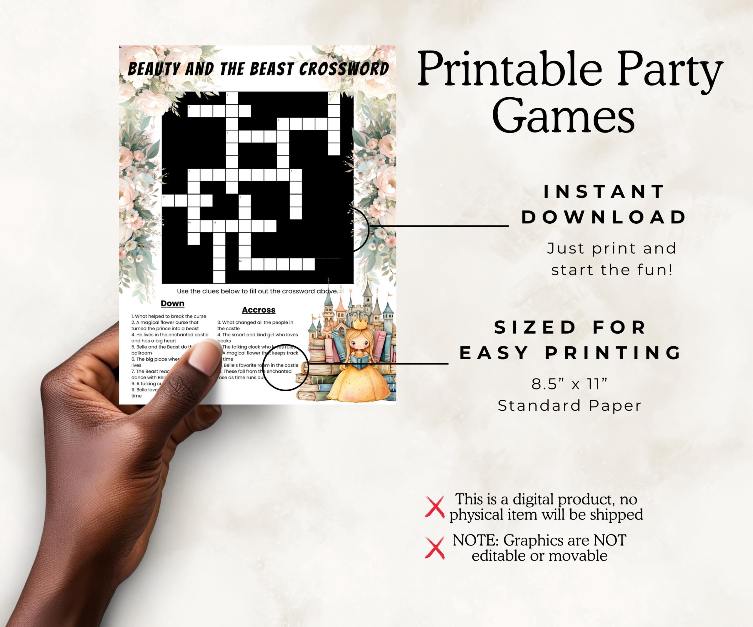 Princess Library Crossword Puzzle Beauty inspired Party Game digital Download Etsy
