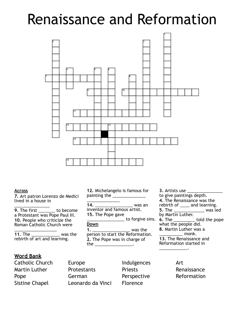 Renaissance And Reformation Crossword WordMint Renaissance And Reformation Crossword WordMint