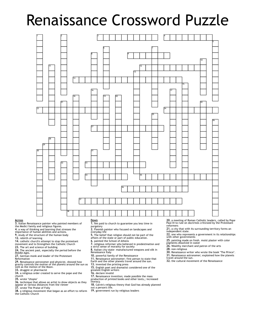 Renaissance Crossword Puzzle WordMint Renaissance Crossword Puzzle WordMint