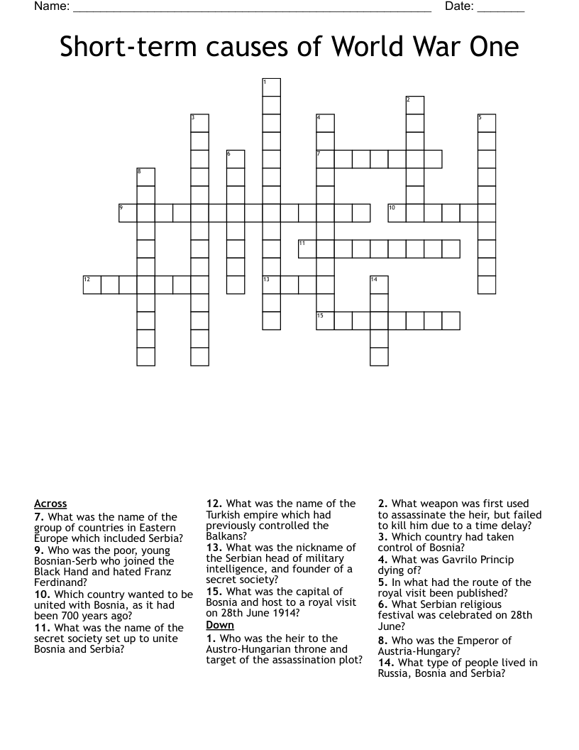 Short term Causes Of World War One Crossword WordMint