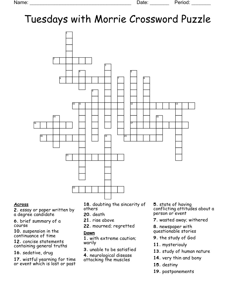 Tuesdays With Morrie Crossword Puzzle WordMint Tuesdays With Morrie Crossword Puzzle WordMint