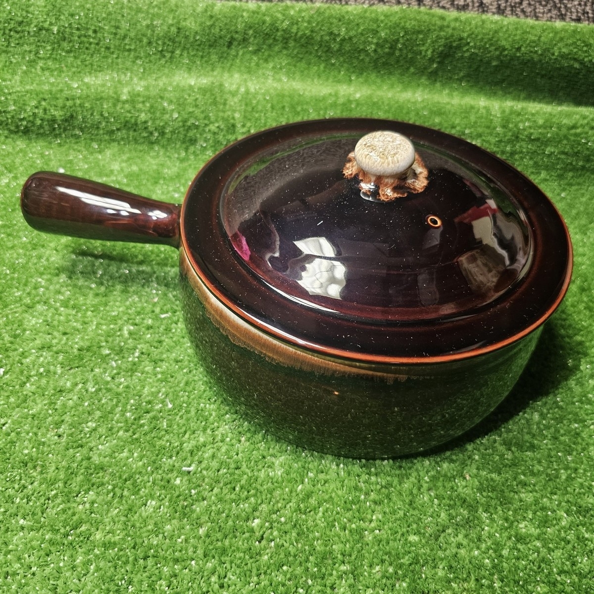 U S A Stoneware BROWN DRIP Large Lidded Casserole Dish BEAN POT W HANDLE 8 x5 EBay