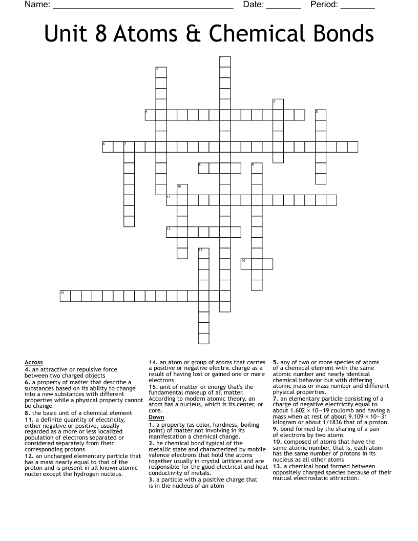 Unit 8 Atoms Chemical Bonds Crossword WordMint