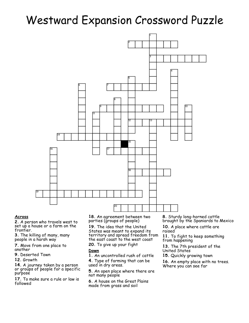 Westward Expansion Crossword Puzzle WordMint